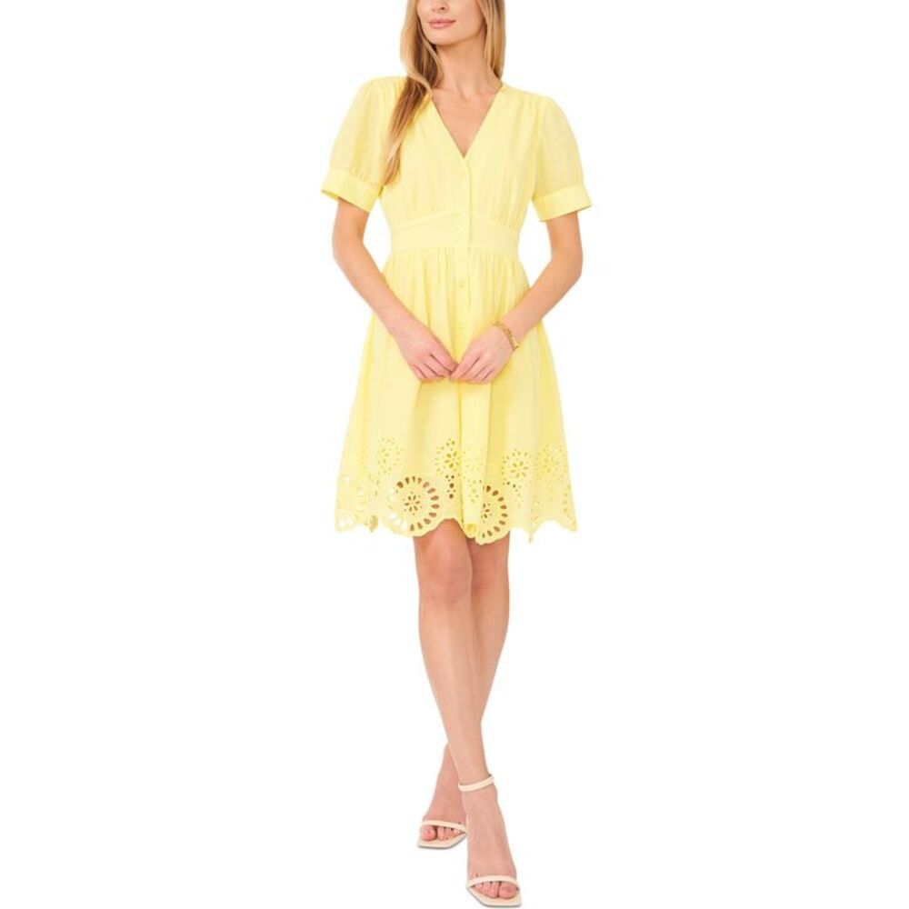 CeCe Womens Scalloped Shirt Dress, Yellow, 8, DM